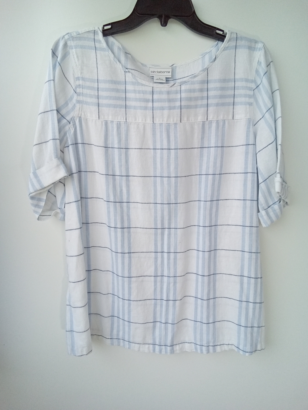 Liz Claiborne Linen Blend Plaid Short Sleeve Cuffed Blouse Top Blue M